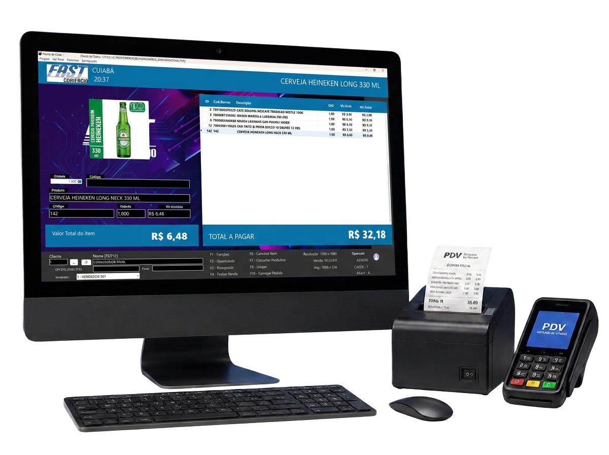 Computador 3D com o sistema PDV aberto exibindo a frente de caixa FastComércio, impressora térmica e maquininha de cartão